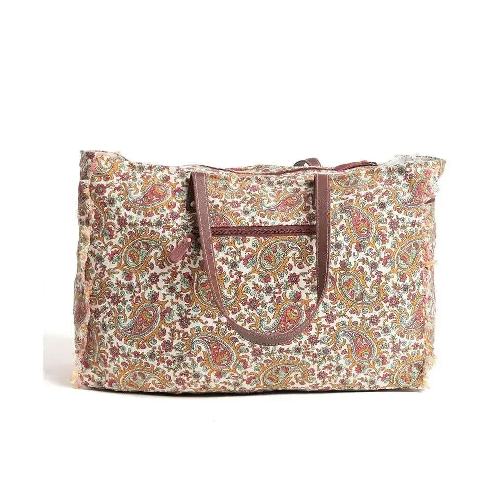 Myra Bag Handmade Paisley Pointe Weekender Bag Upcycled Canvas & Cowhide Leather